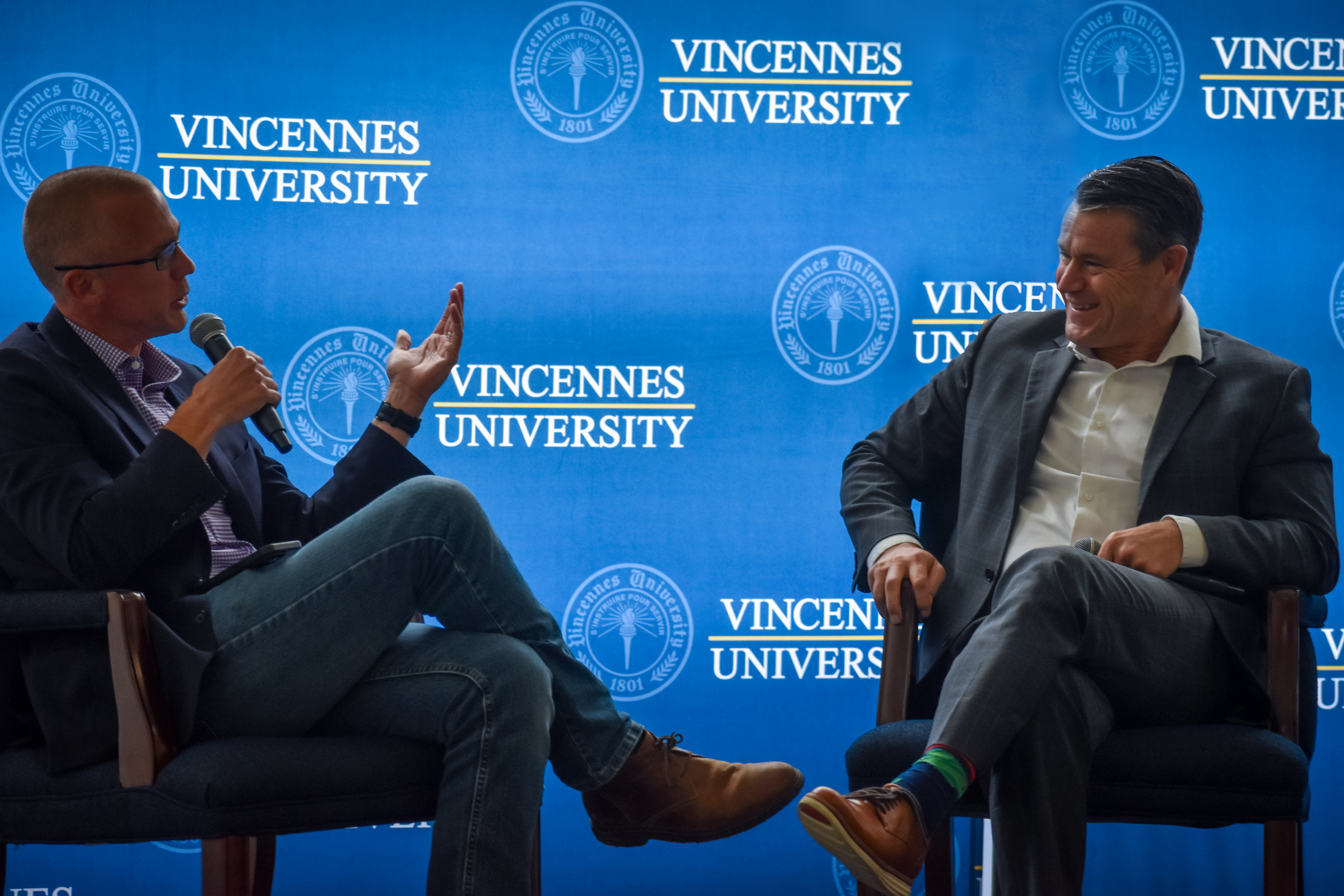 AgriNovus Indiana's Mitch Frazier and U.S. Senator Todd Young during a fireside chat at VU's Agricultural Center.